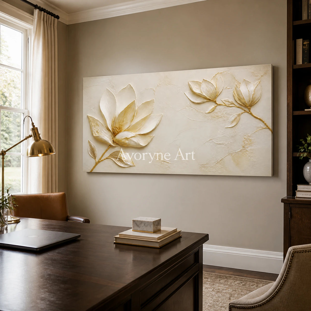 Gilded Magnolia: Gold Floral Relief Panoramic Wall Art - office frameless