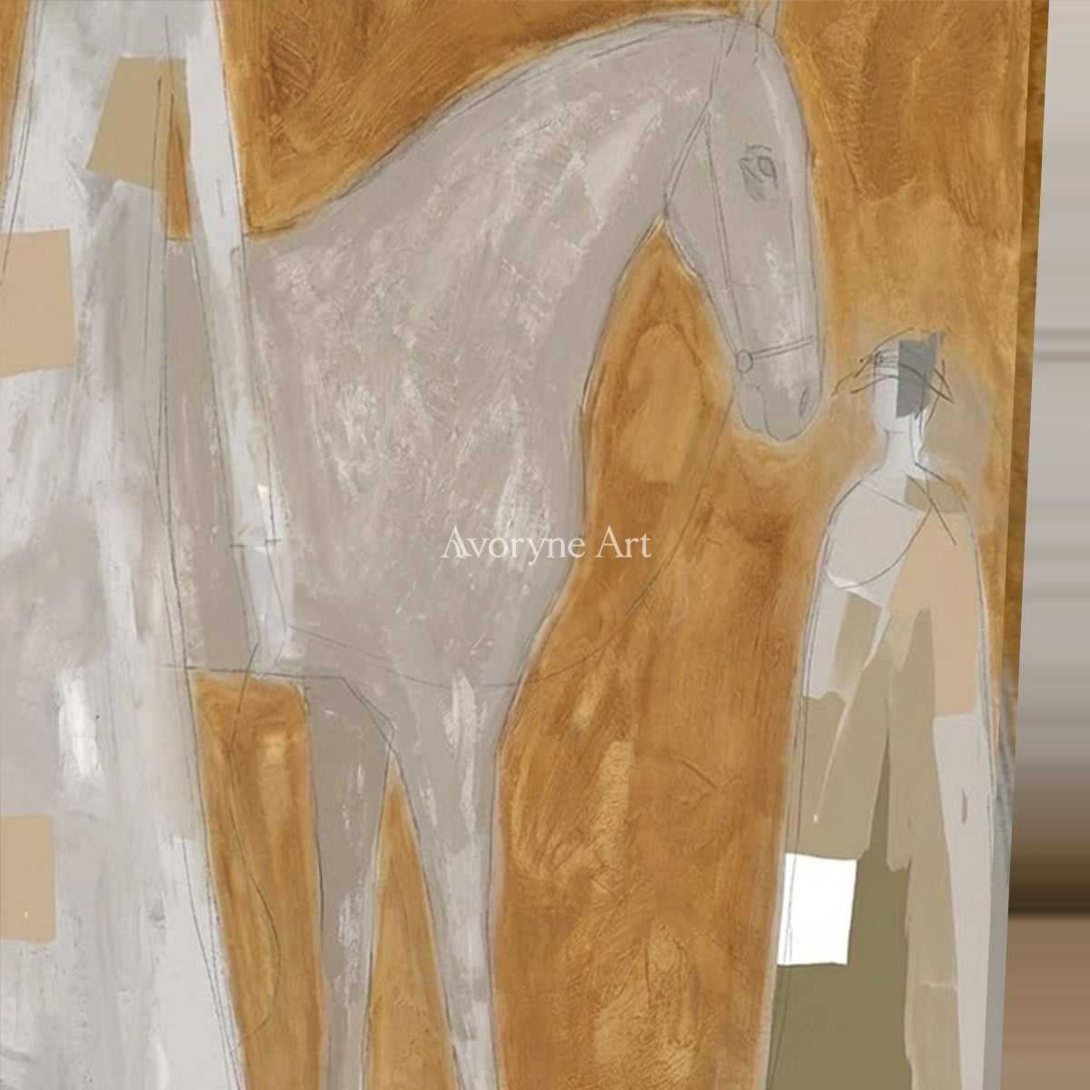 Pale Procession: Gold Horse and Figures Textured Wall Art — detail easel
