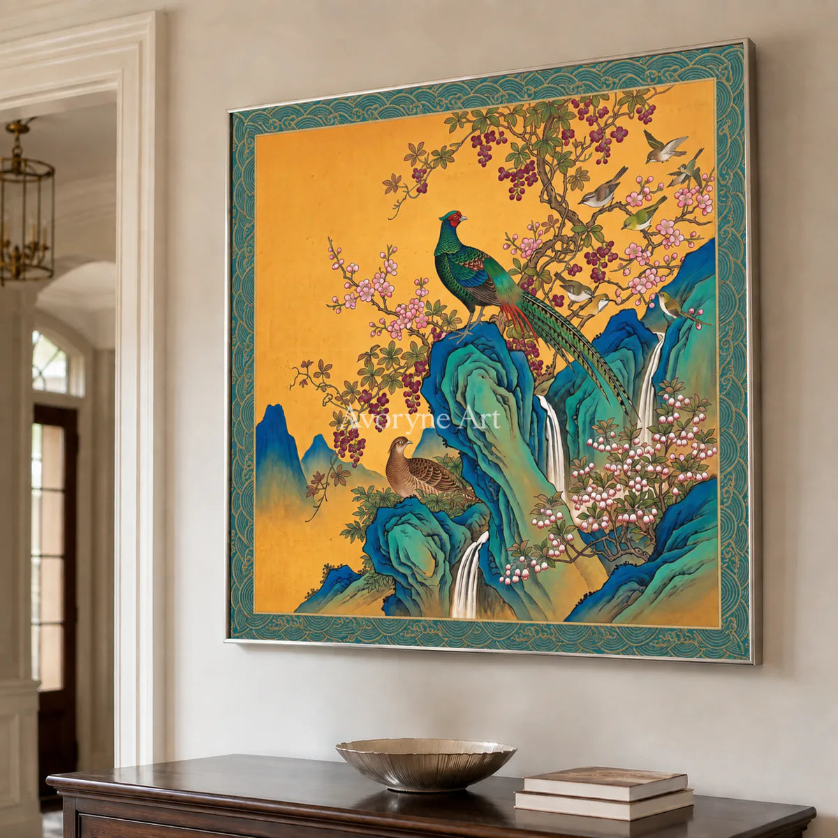 Amber Aviary: Gold Pheasant and Blossom Wall Art — entryway silver frame oblique