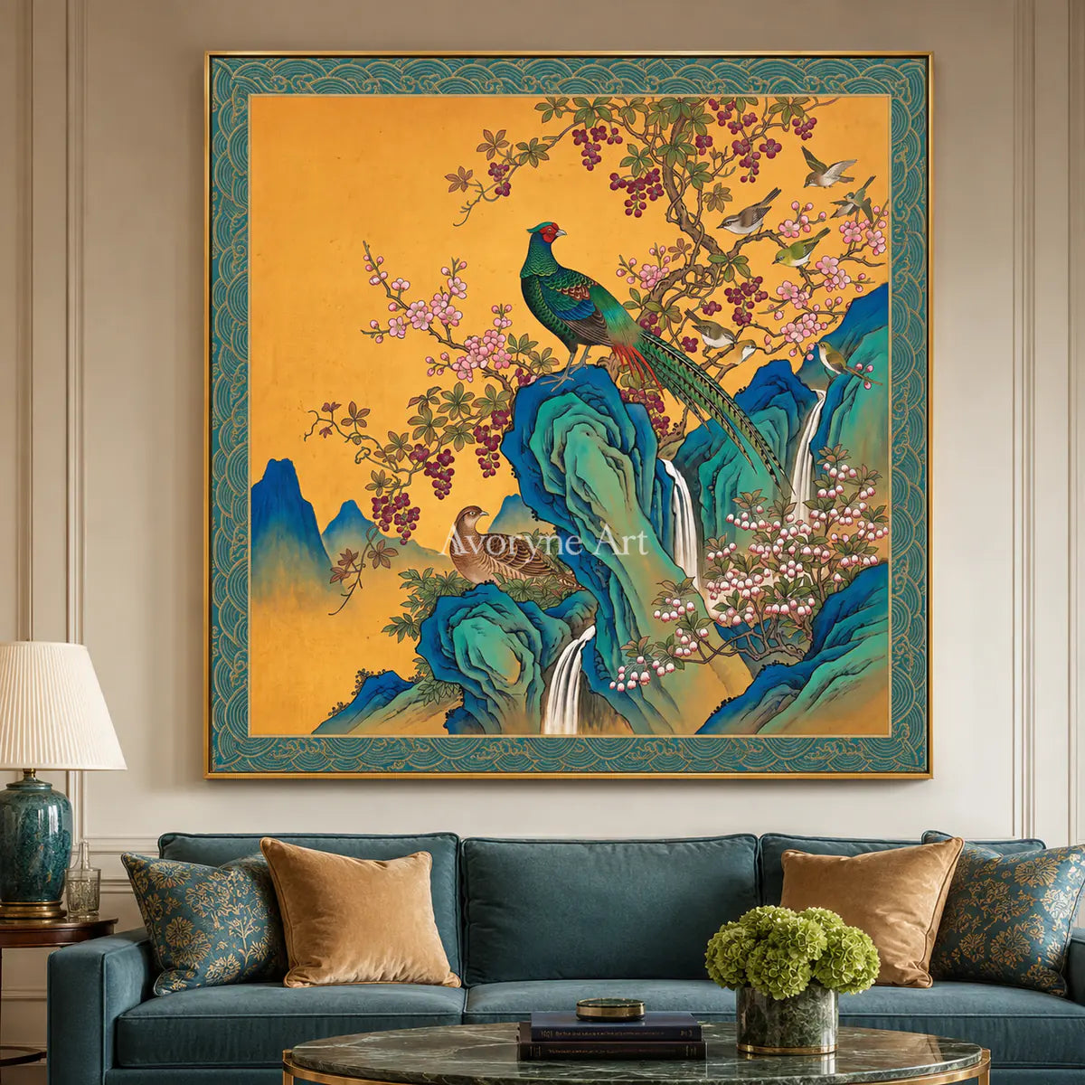 Amber Aviary: Gold Pheasant and Blossom Wall Art — living room gold frame