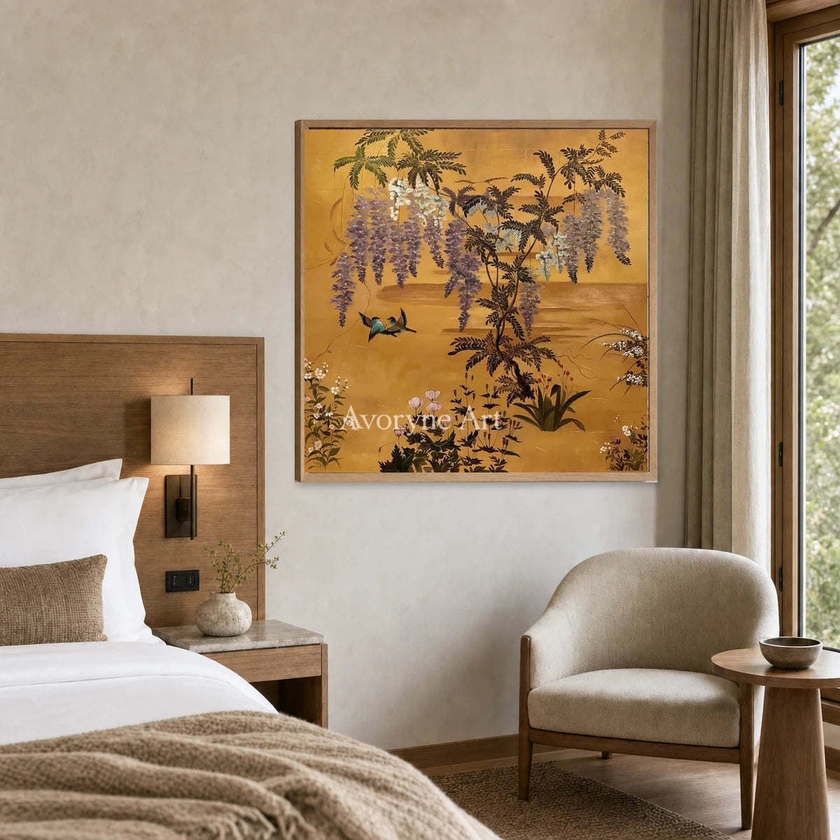 Wisteria Reverie: Gold Wisteria and Birds Square Wall Art — hotel wood