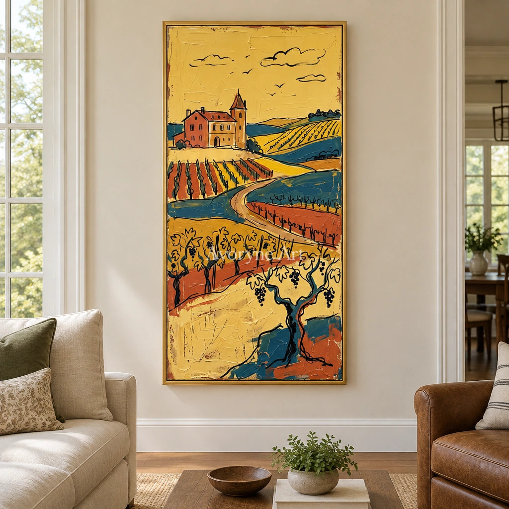 Verdant Horizon golden field wall art with a gold frame hanging in a living room