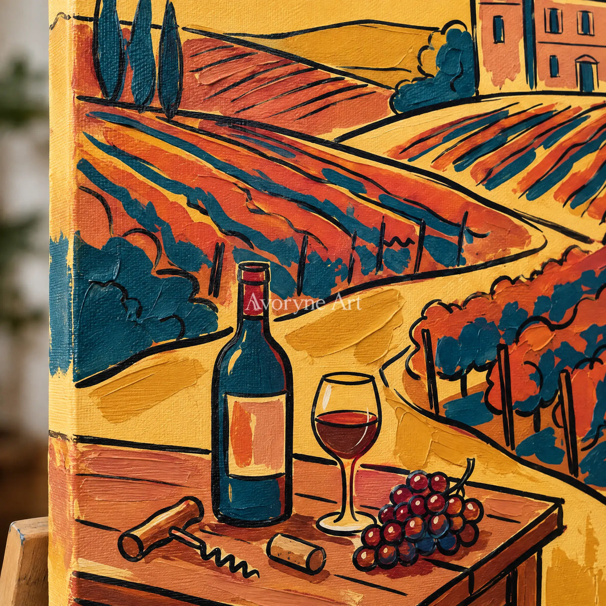 Close-up of the hand-painted texture of Verdant Gesture golden field wall art on an easel
