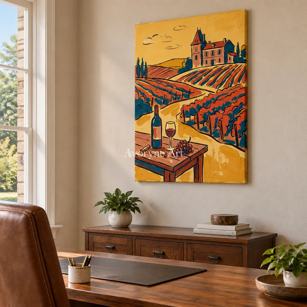 Verdant Gesture golden field wall art as a frameless stretched canvas in a home office