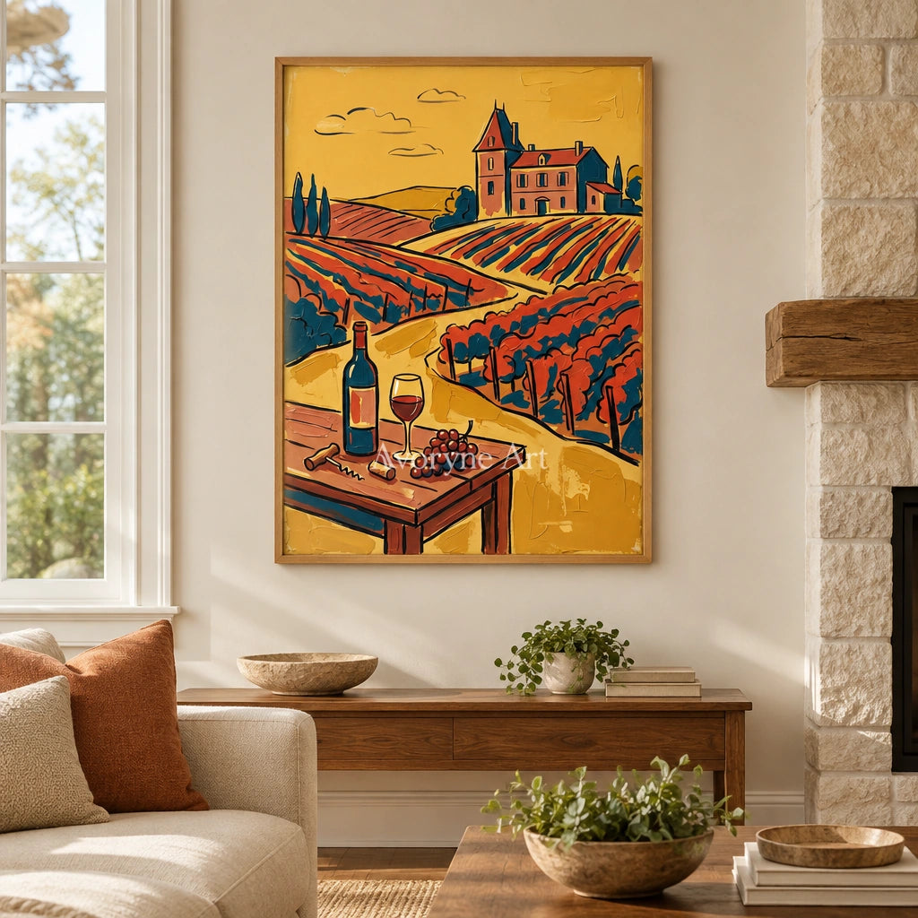 Verdant Gesture golden field wall art with a wood frame in a villa living space