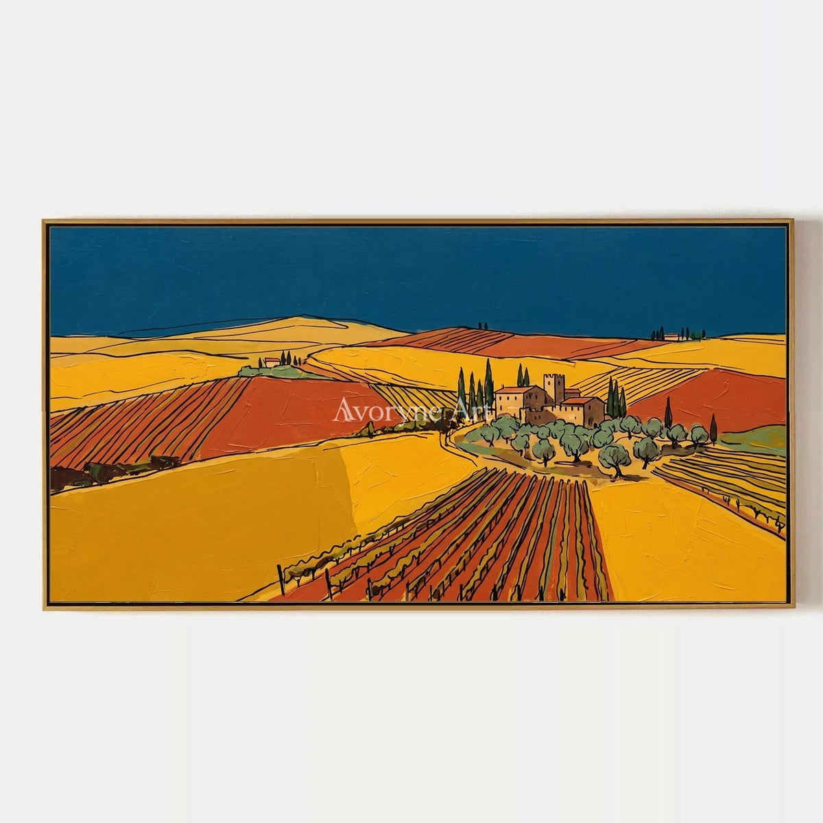 Verdant Mosaic, hand-painted golden field wall art by Diego Morales