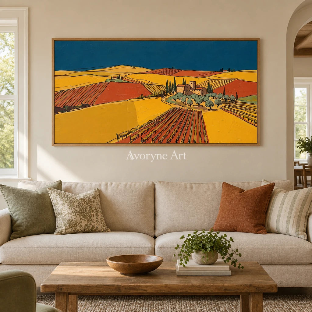 Verdant Mosaic golden field wall art with a wood frame in a villa living space