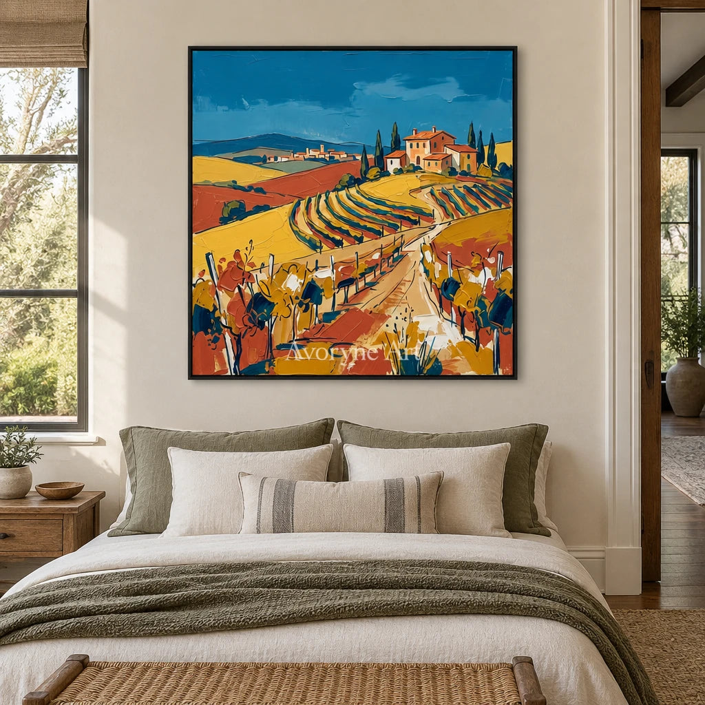 Verdant Drift golden field wall art with a black frame above a bed in a bedroom