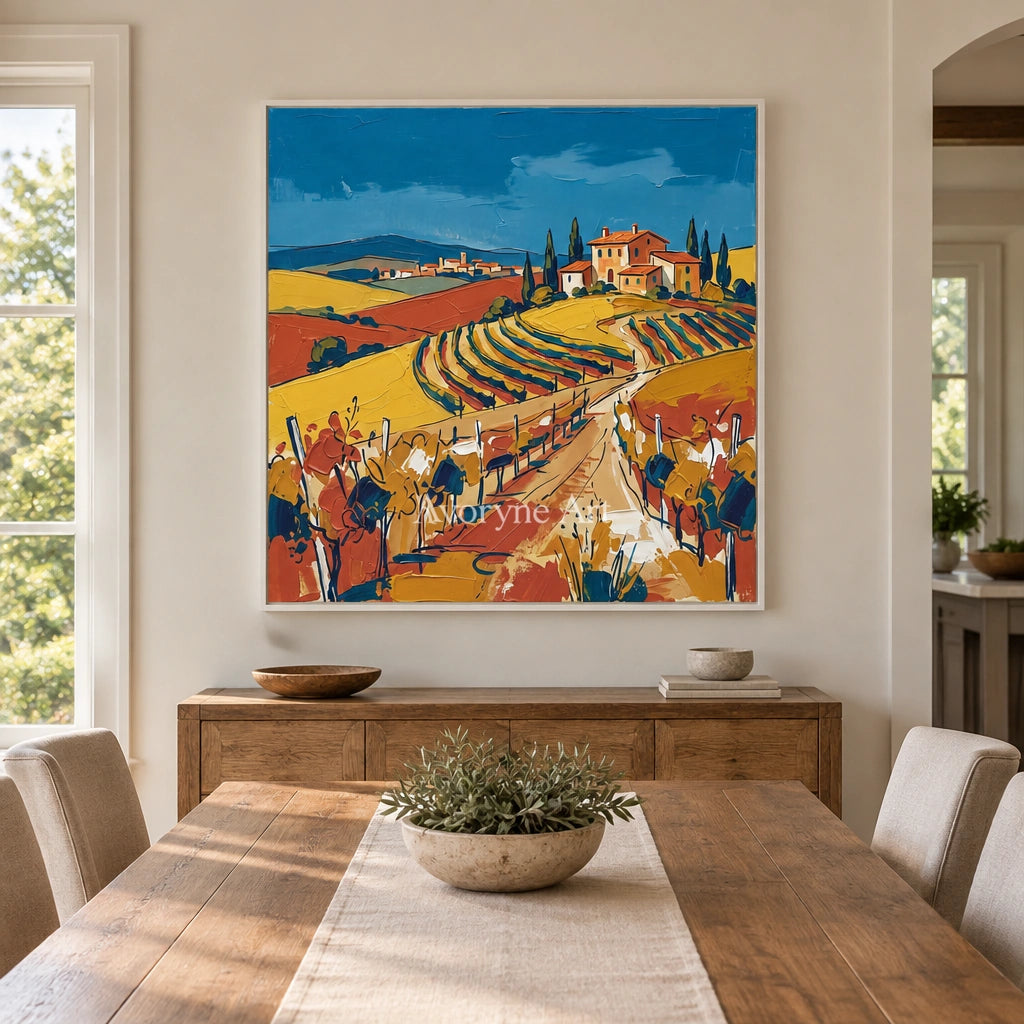 Verdant Drift golden field wall art with a white frame in a dining room