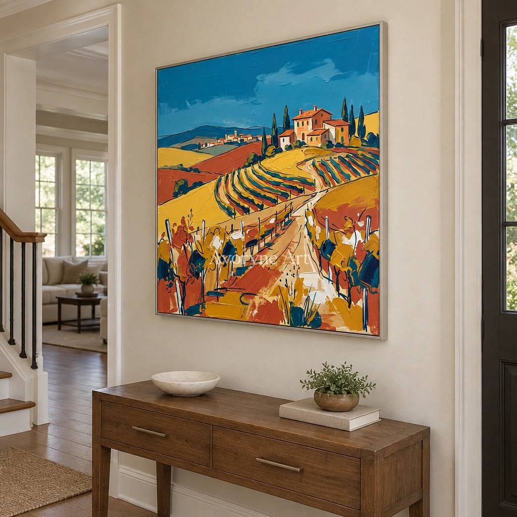 Verdant Drift golden field wall art with a silver frame in an entryway