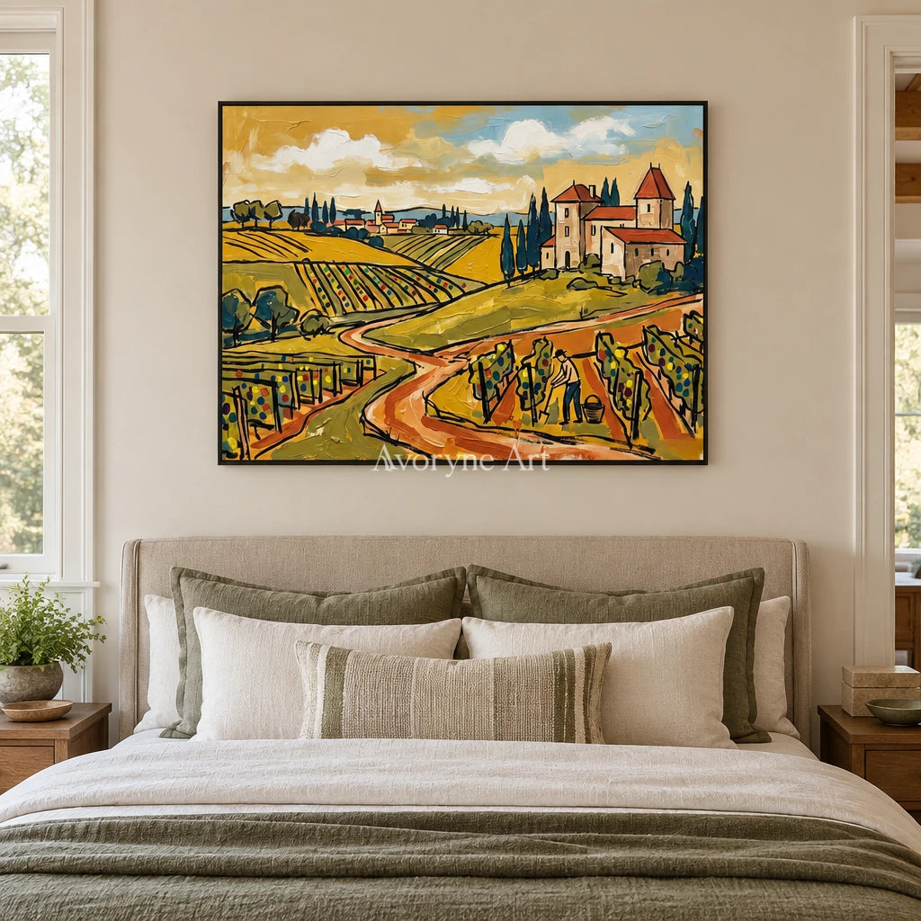 Verdant Verse golden field wall art with a black frame above a bed in a bedroom