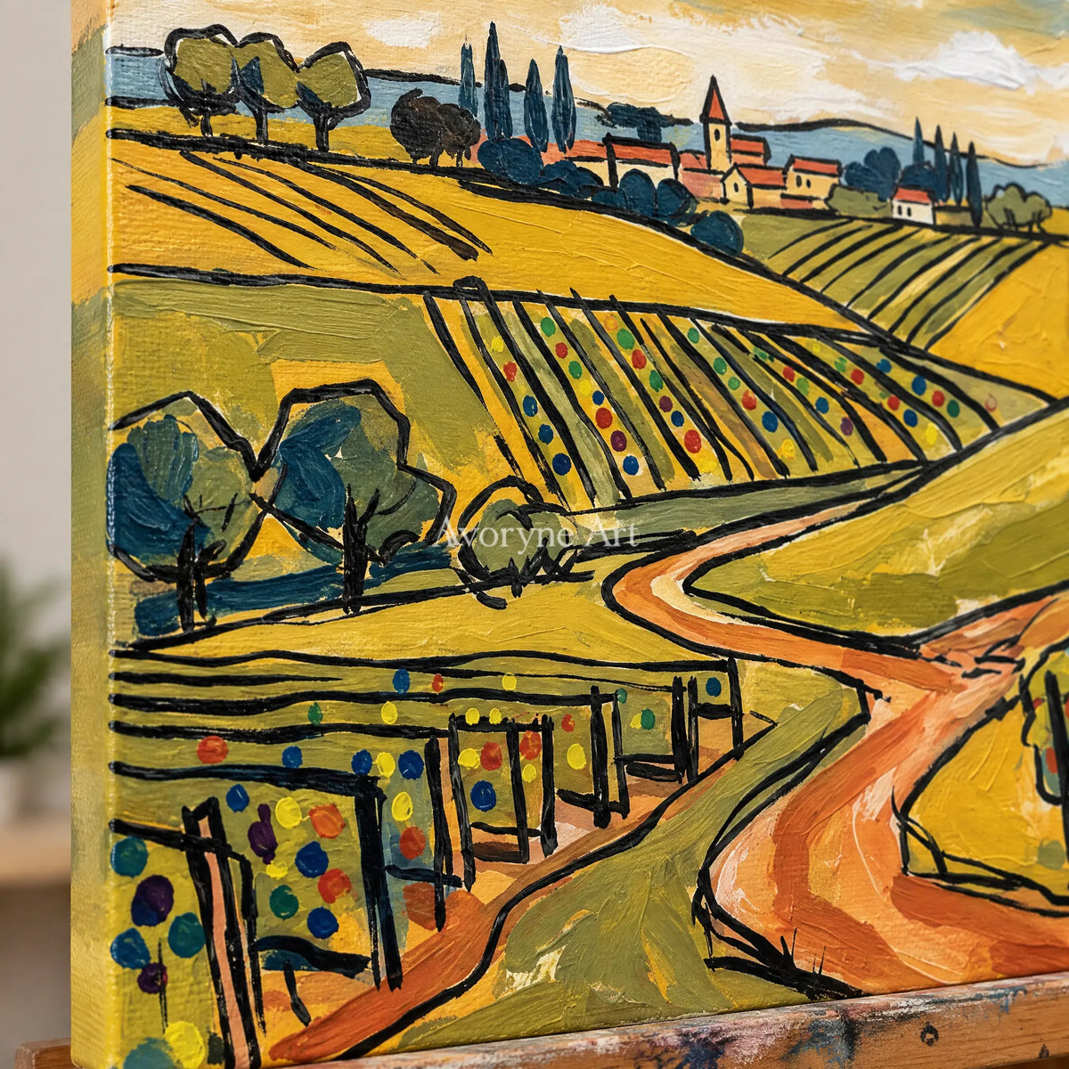 Close-up of the hand-painted texture of Verdant Verse golden field wall art on an easel