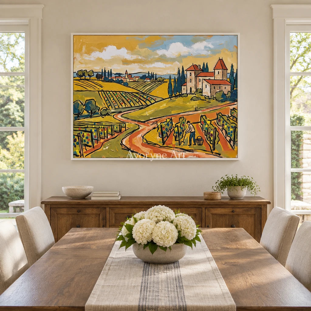 Verdant Verse golden field wall art with a white frame in a dining room
