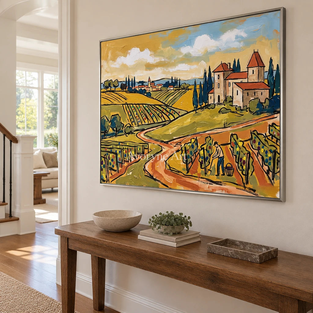 Verdant Verse golden field wall art with a silver frame in an entryway
