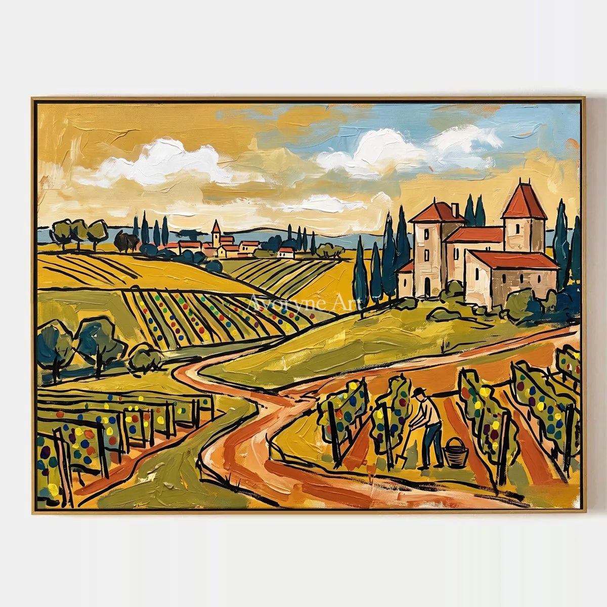 Verdant Verse, hand-painted golden field wall art by Diego Morales