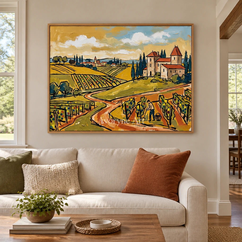Verdant Verse golden field wall art with a wood frame in a villa living space