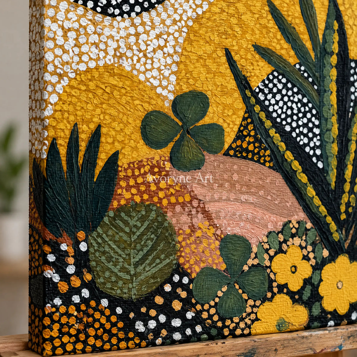 Ivory Distant Cadence: Golden Floral Pattern — detail easel