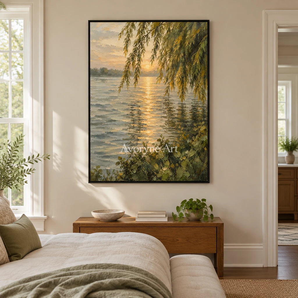 Willow Gleam: Golden Lakeside Sunset Wall Art — bedroom black
