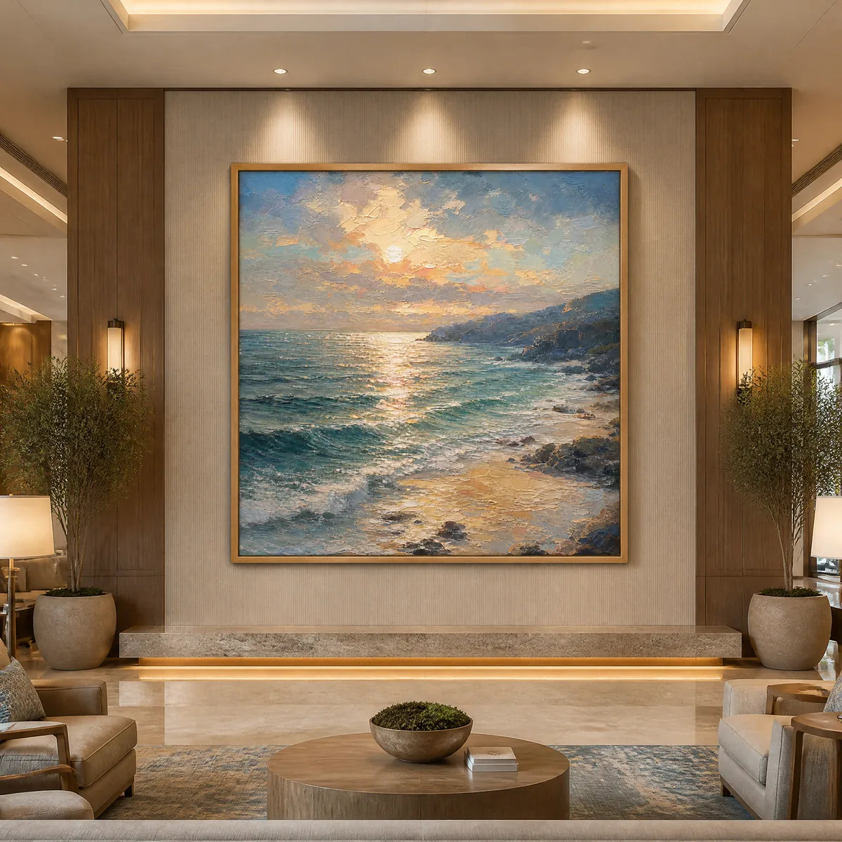 Golden Tide: Coastal Seascape Wall Art - hotel wood frame