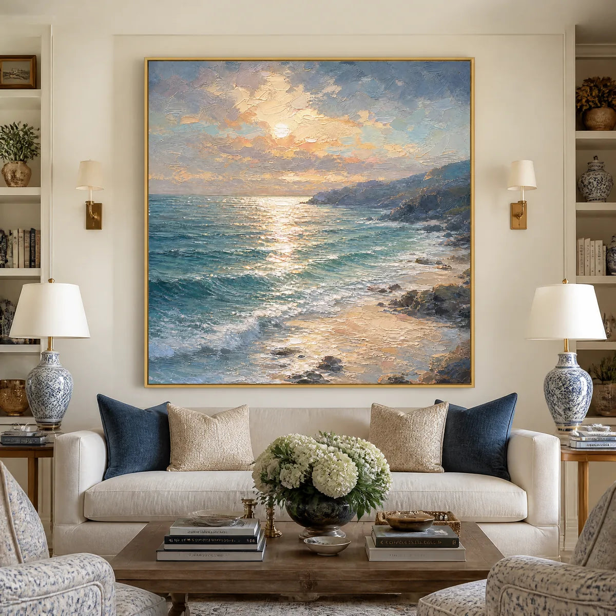 Golden Tide: Coastal Seascape Wall Art - living room gold frame