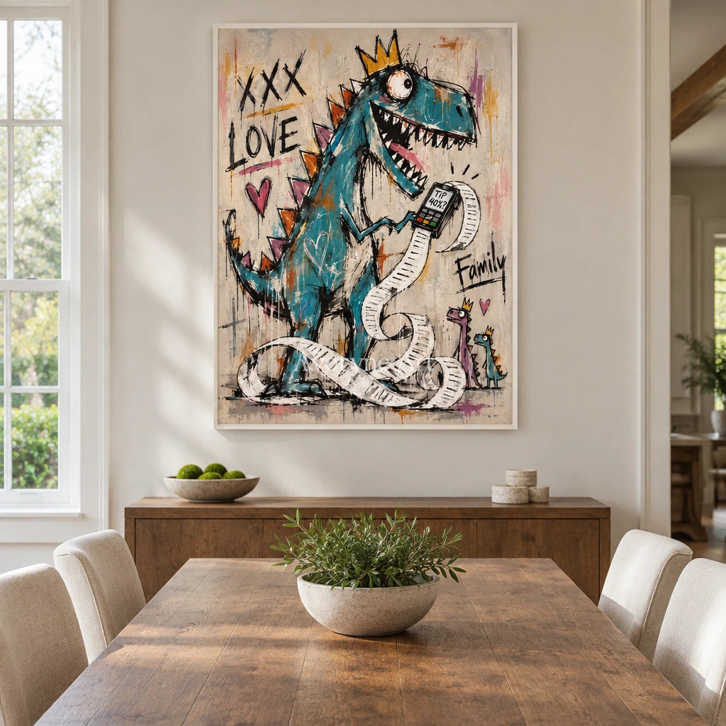 Soft Prelude graffiti figure wall art with a white frame in a dining room