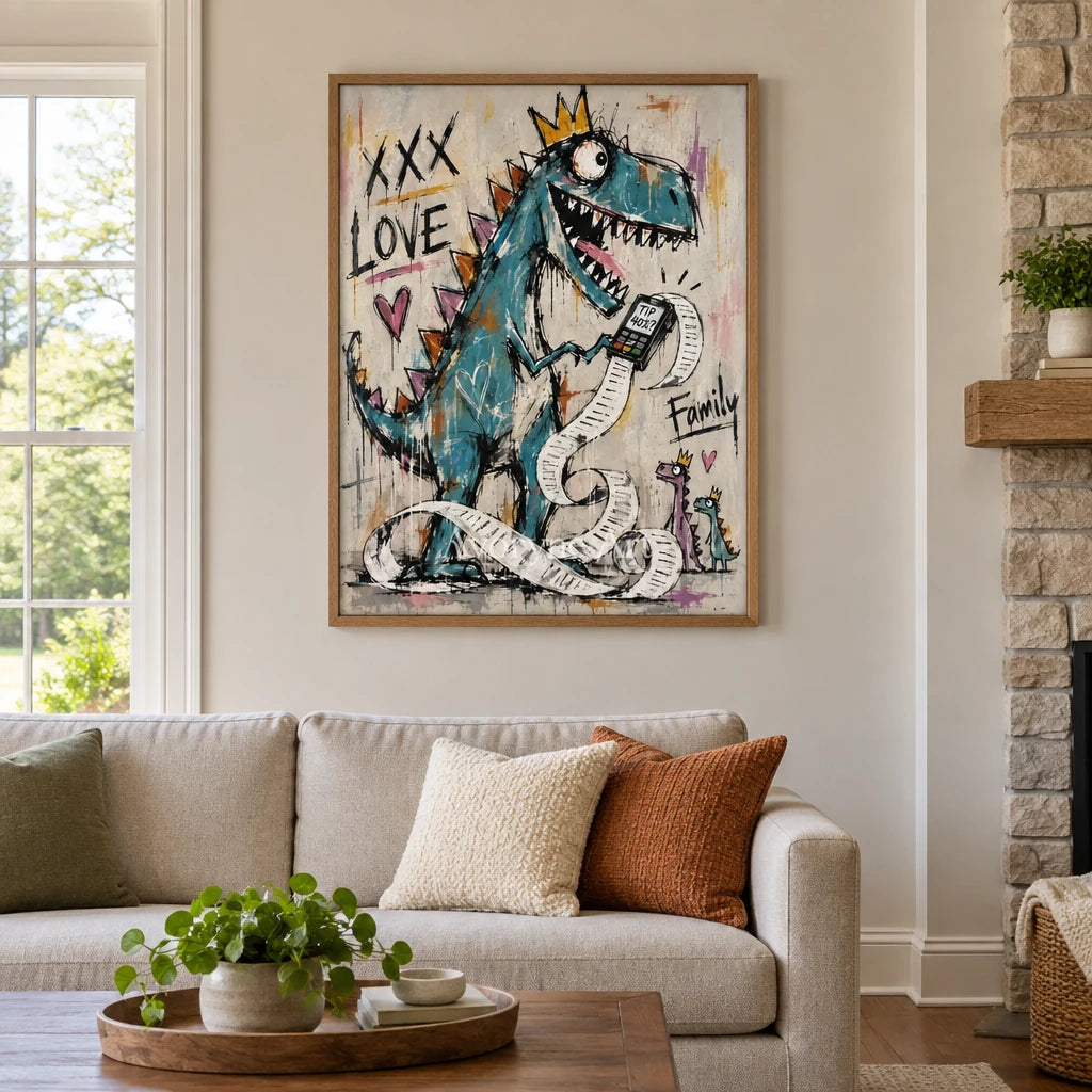 Soft Prelude graffiti figure wall art with a wood frame in a villa living space