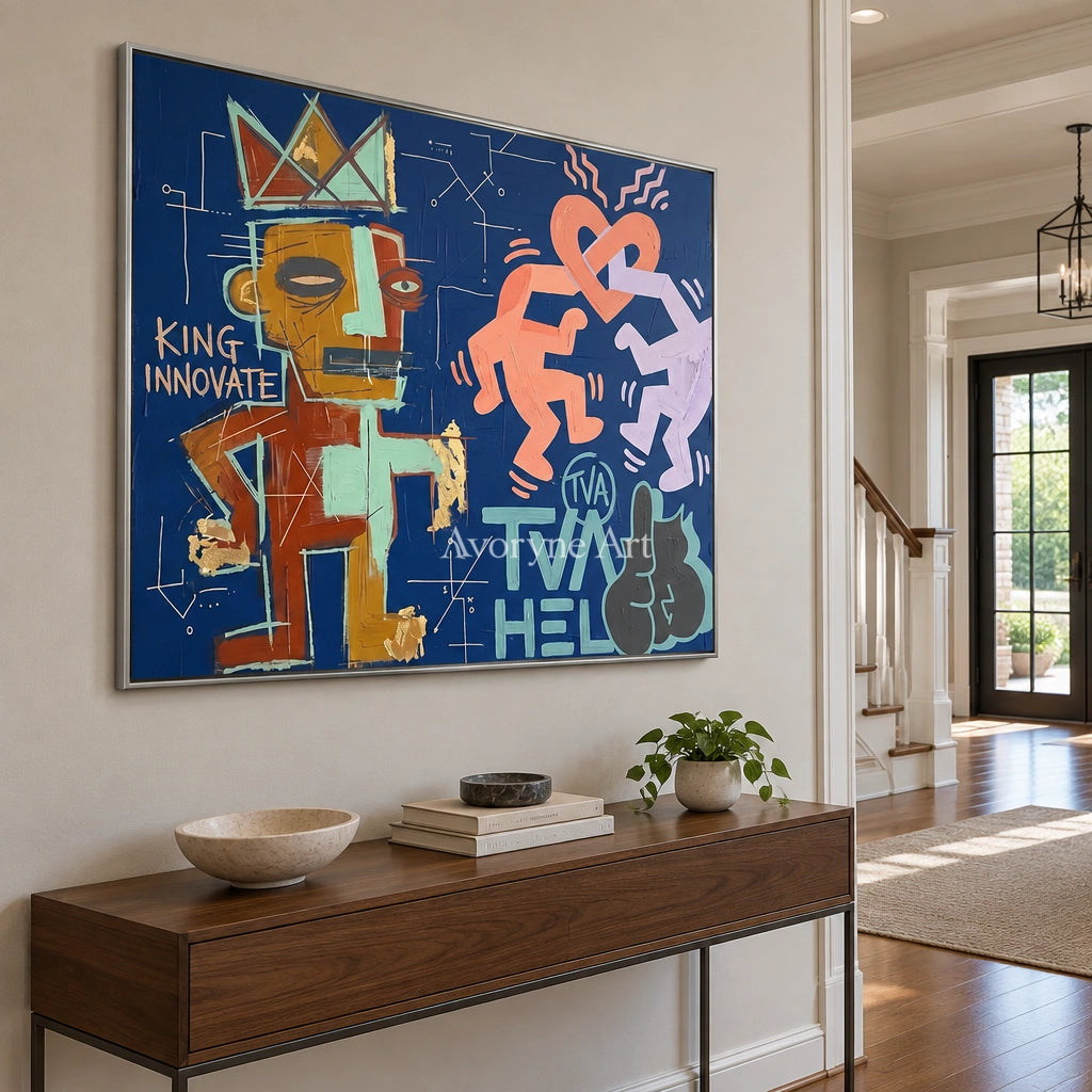 Soft Solace graffiti figure wall art with a silver frame in an entryway