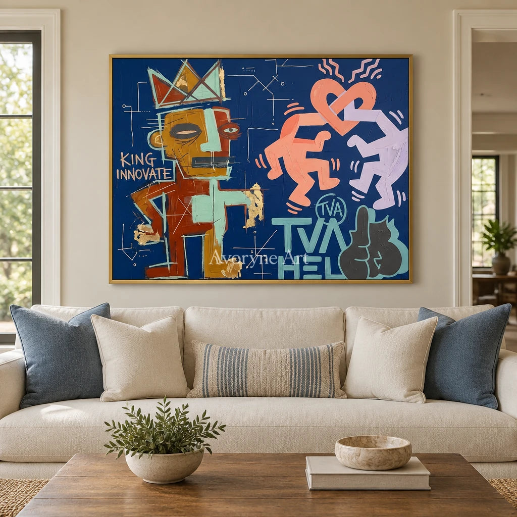 Soft Solace graffiti figure wall art with a gold frame hanging in a living room