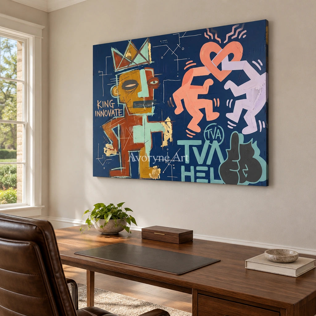 Soft Solace graffiti figure wall art as a frameless stretched canvas in a home office