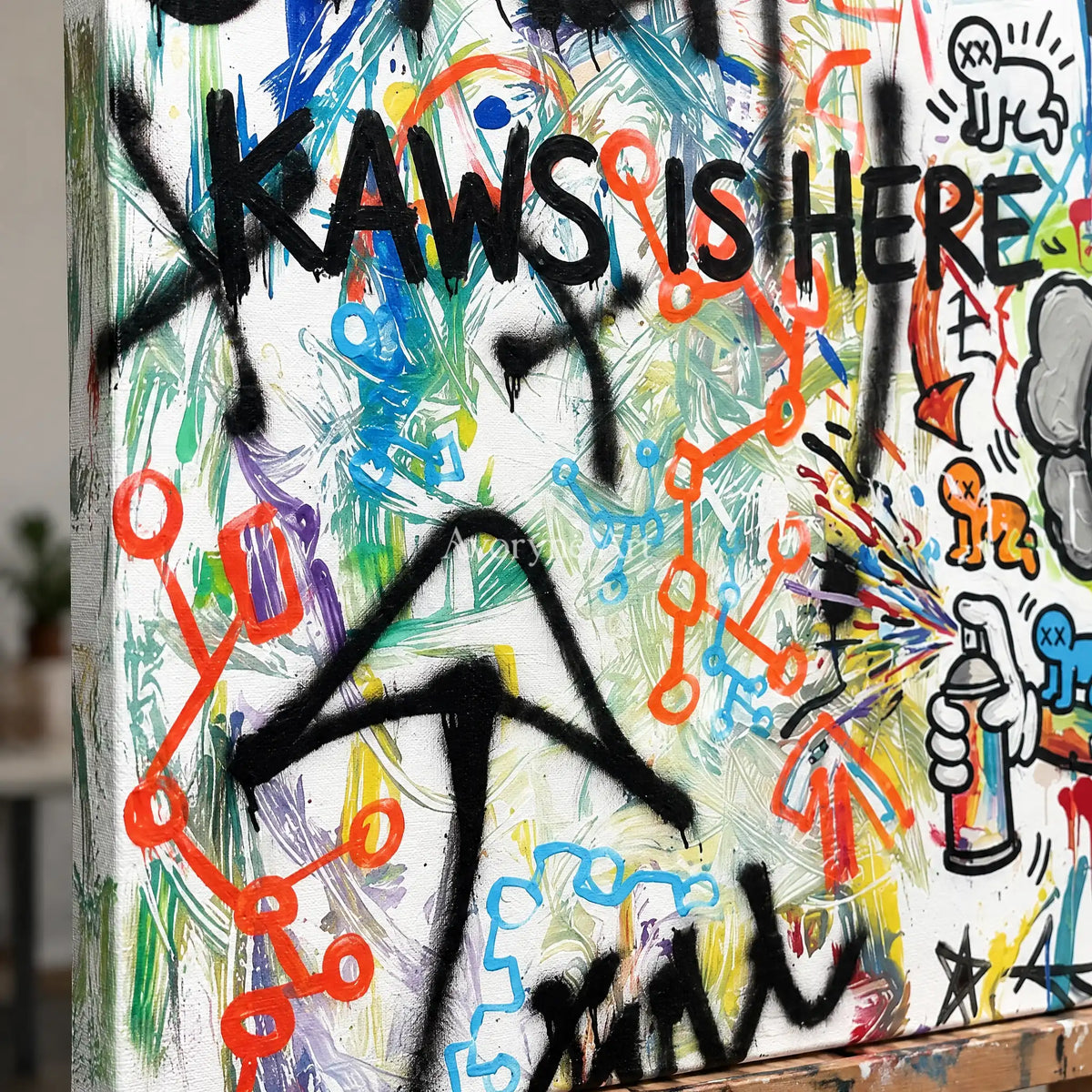 Close-up of the hand-painted texture of Hidden Interval graffiti figure wall art on an easel