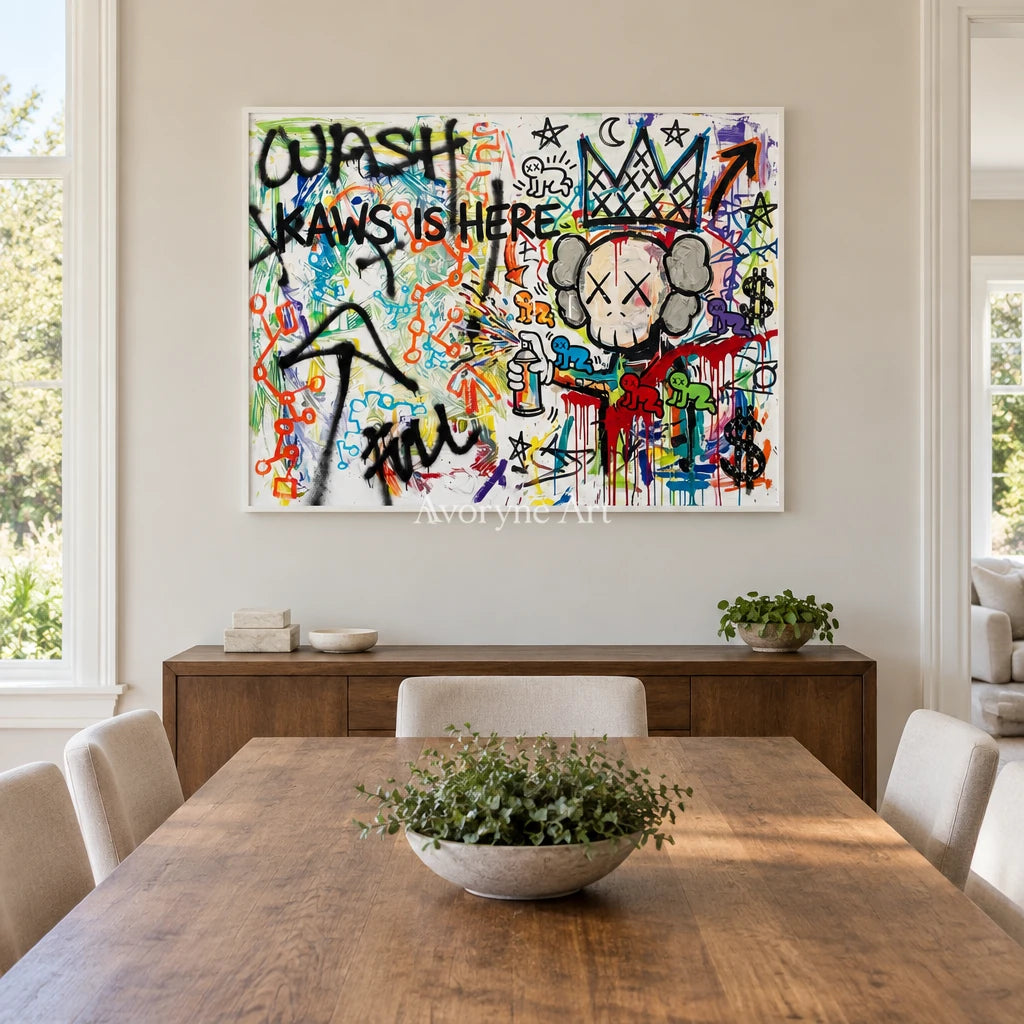 Hidden Interval graffiti figure wall art with a white frame in a dining room