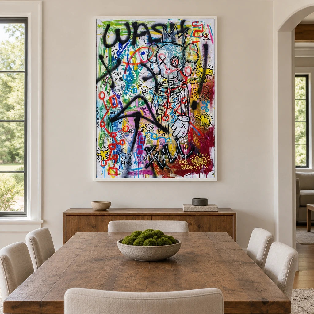 Hidden Echo graffiti figure wall art with a white frame in a dining room
