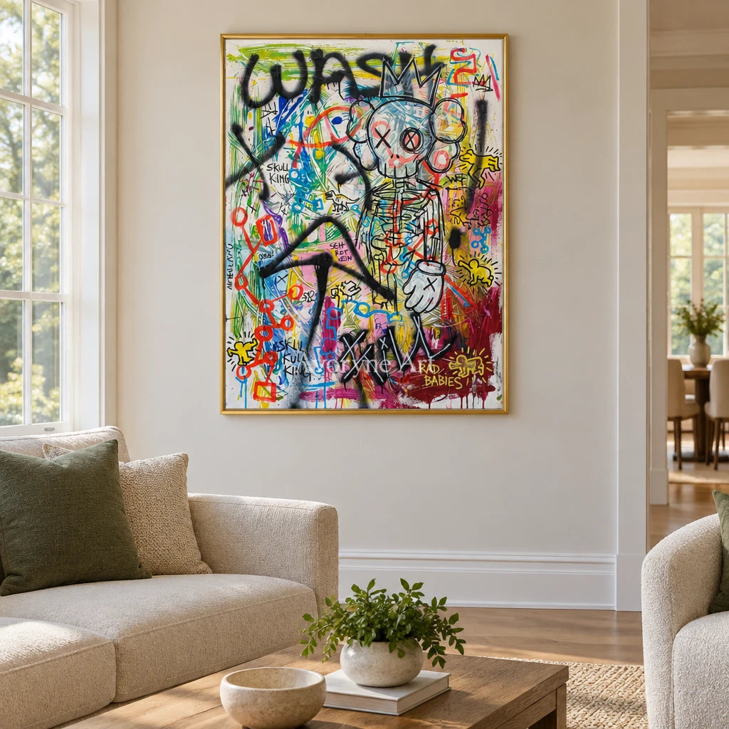 Hidden Echo graffiti figure wall art with a gold frame hanging in a living room