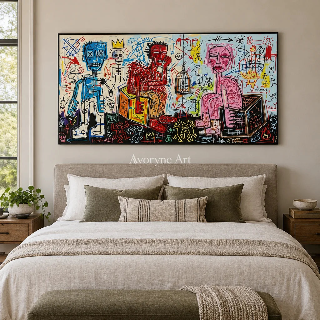Hidden Rhythm graffiti figure wall art with a black frame above a bed in a bedroom