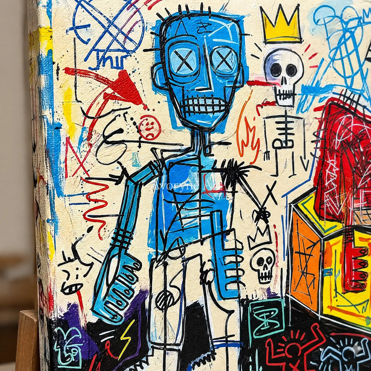 Close-up of the hand-painted texture of Hidden Rhythm graffiti figure wall art on an easel