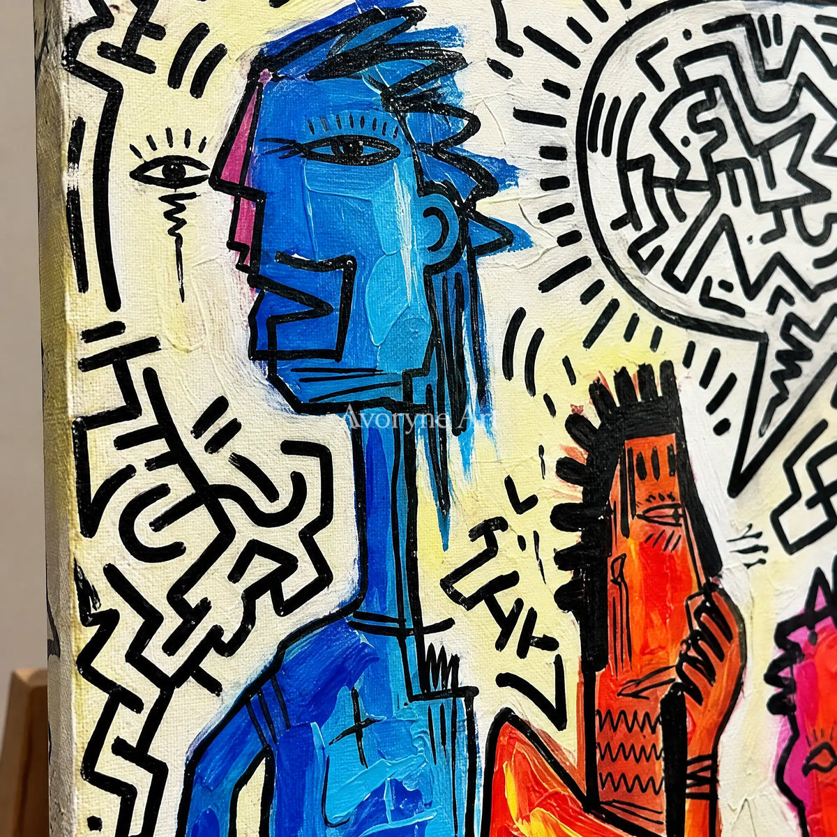 Close-up of the hand-painted texture of Hidden Horizon graffiti figure wall art on an easel