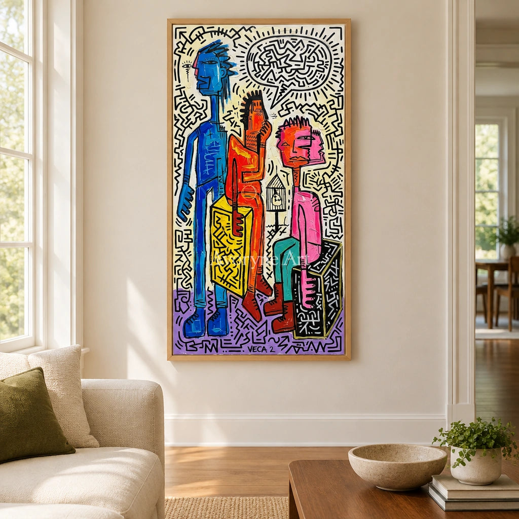Hidden Horizon graffiti figure wall art with a wood frame in a villa living space