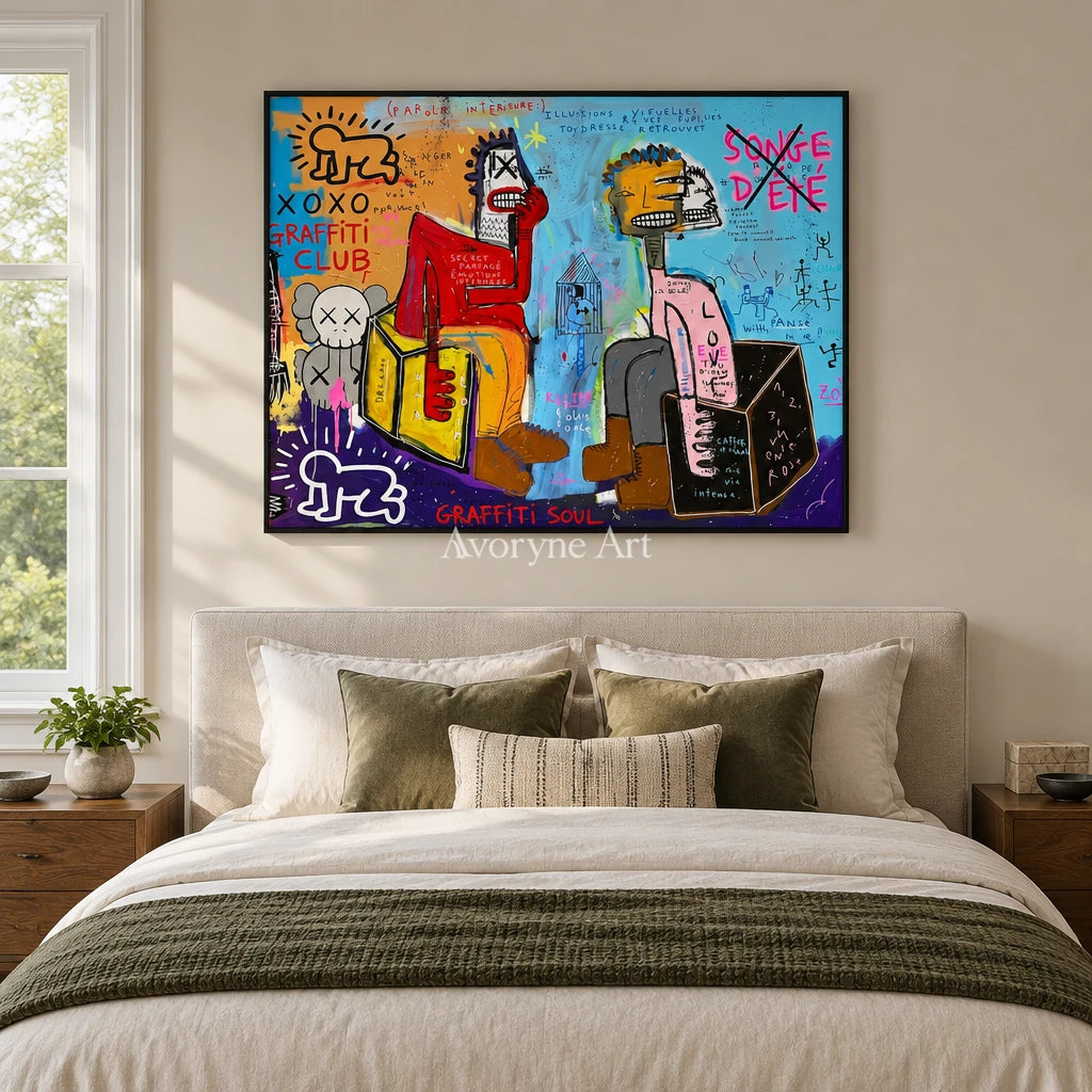 Hidden Gesture graffiti figure wall art with a black frame above a bed in a bedroom