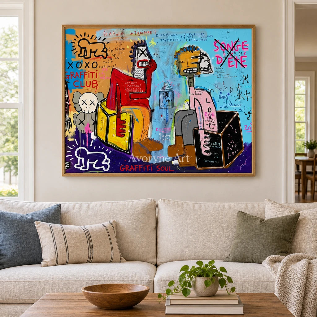 Hidden Gesture graffiti figure wall art with a wood frame in a villa living space