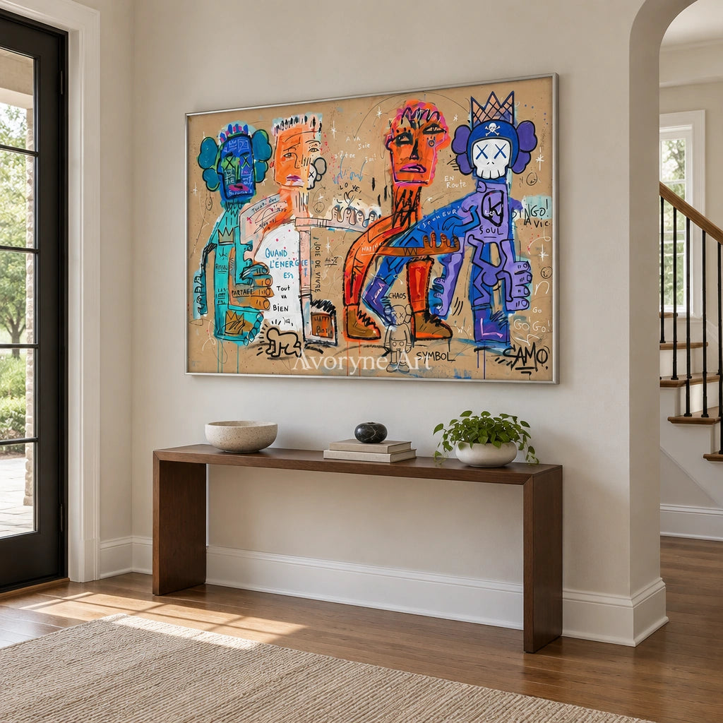 Hidden Mosaic graffiti figure wall art with a silver frame in an entryway