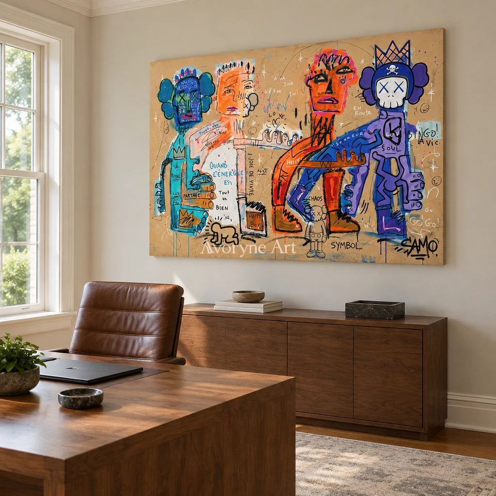 Hidden Mosaic graffiti figure wall art as a frameless stretched canvas in a home office