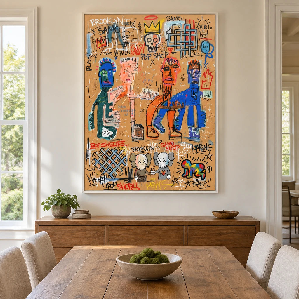 Hidden Drift graffiti figure wall art with a white frame in a dining room