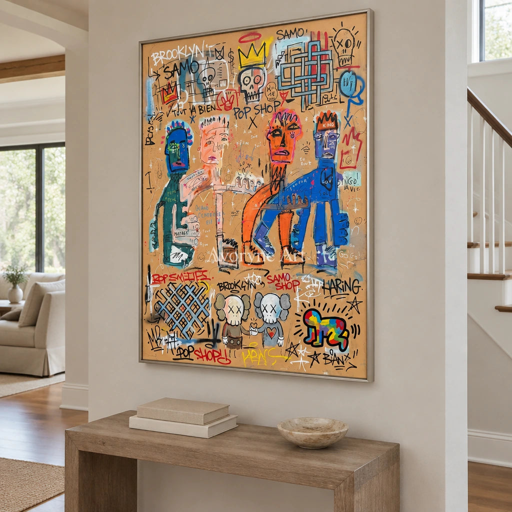 Hidden Drift graffiti figure wall art with a silver frame in an entryway
