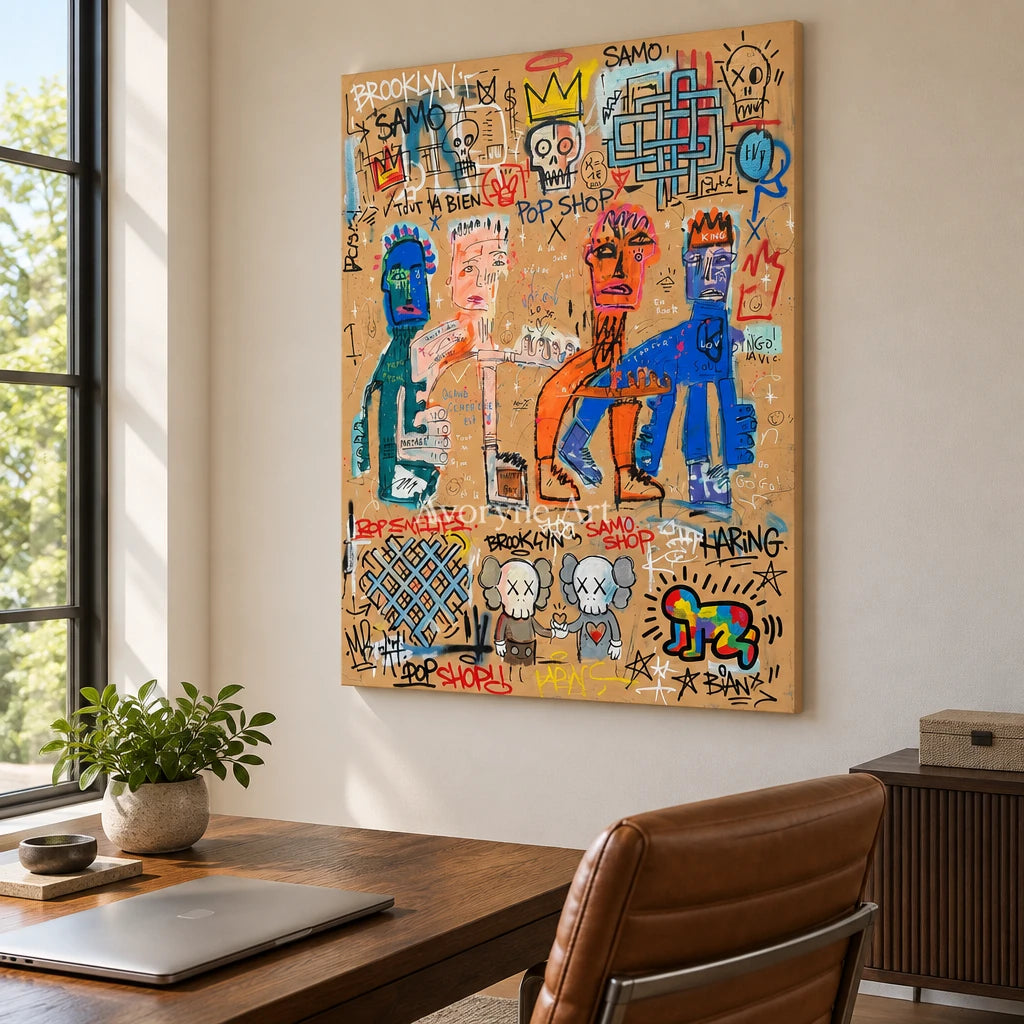 Hidden Drift graffiti figure wall art as a frameless stretched canvas in a home office