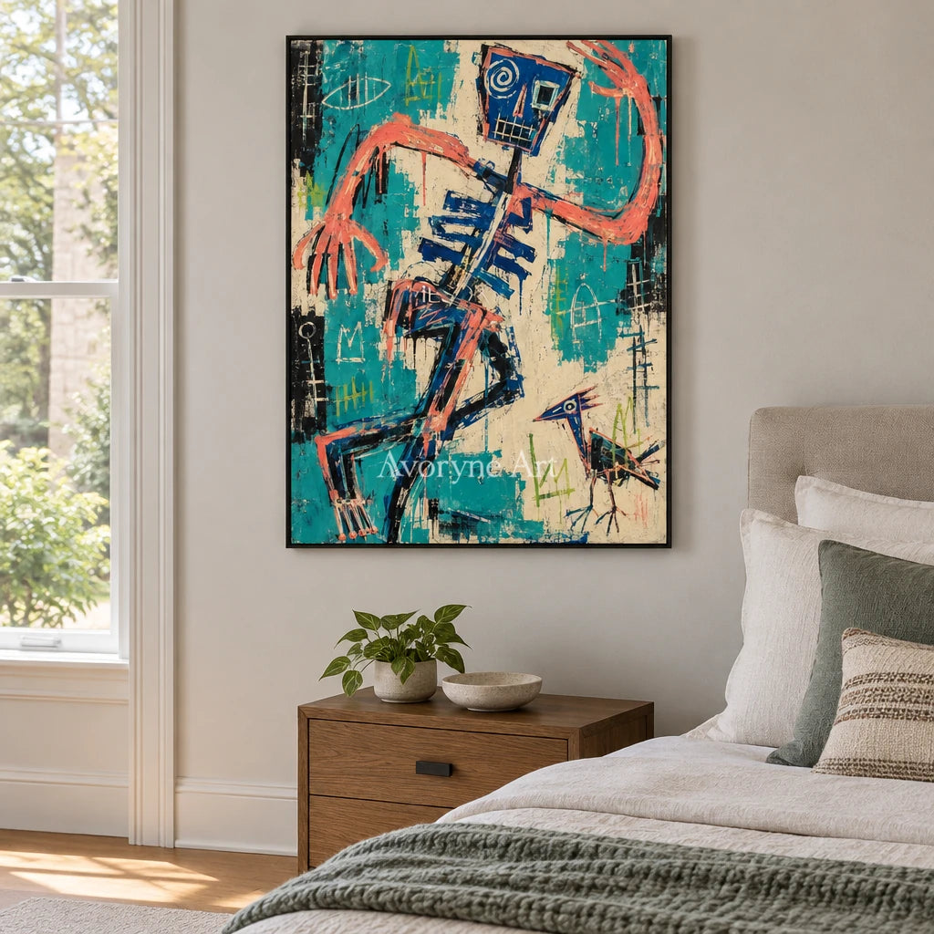 Hidden Solace graffiti figure wall art with a black frame above a bed in a bedroom