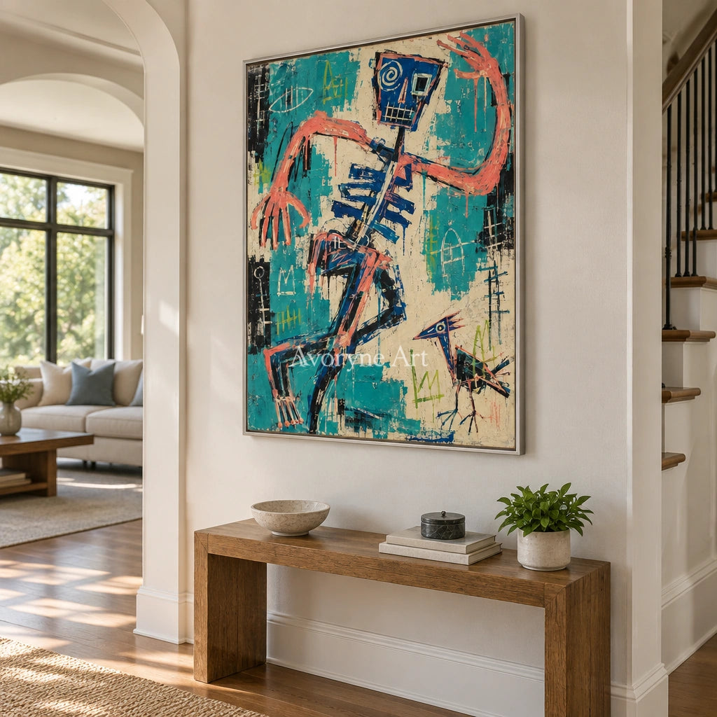 Hidden Solace graffiti figure wall art with a silver frame in an entryway