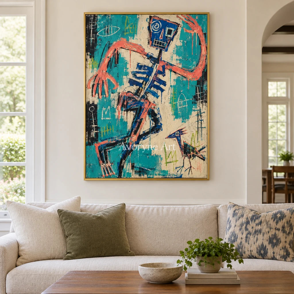 Hidden Solace graffiti figure wall art with a gold frame hanging in a living room