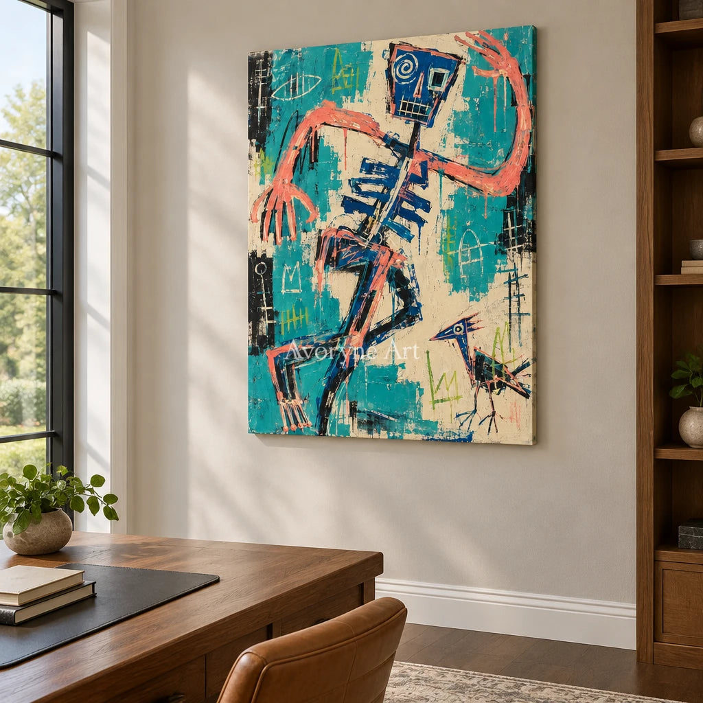 Hidden Solace graffiti figure wall art as a frameless stretched canvas in a home office