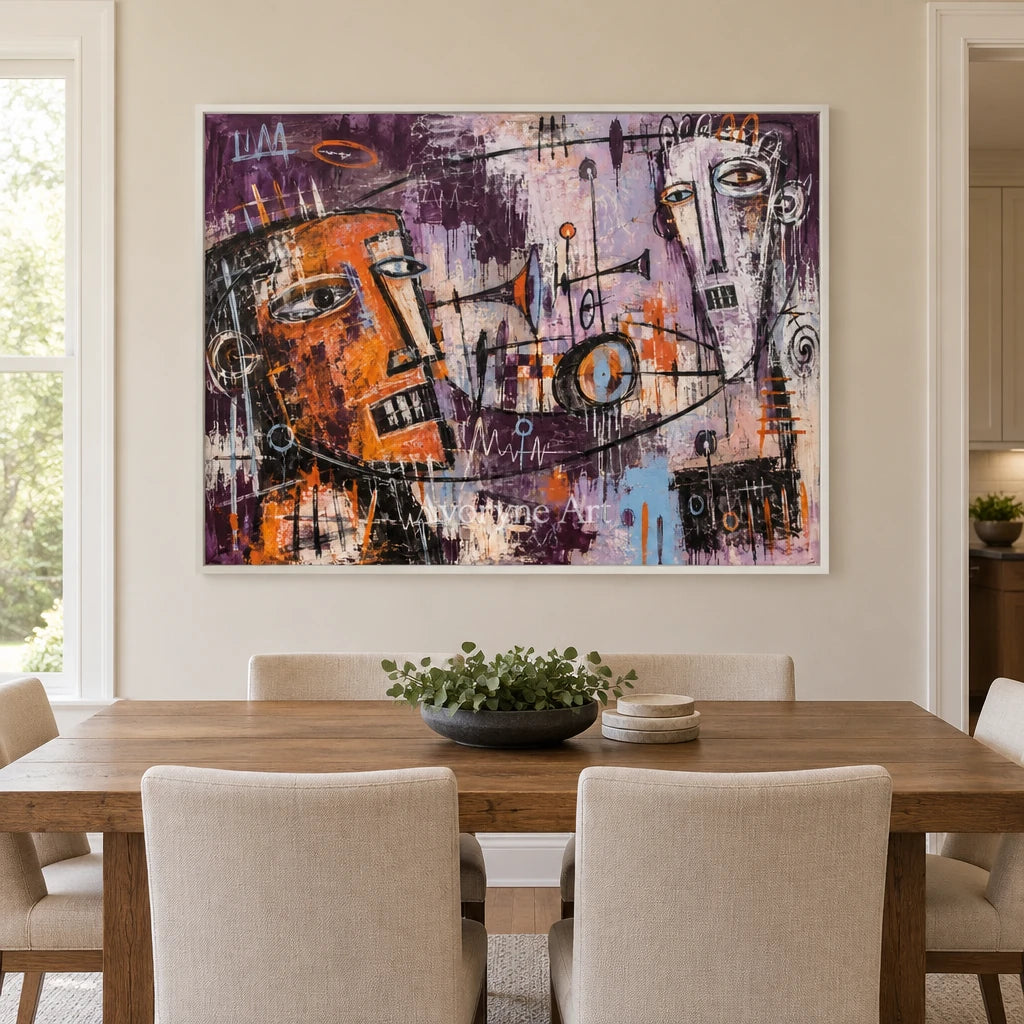 Hidden Reverberation graffiti figure wall art with a white frame in a dining room