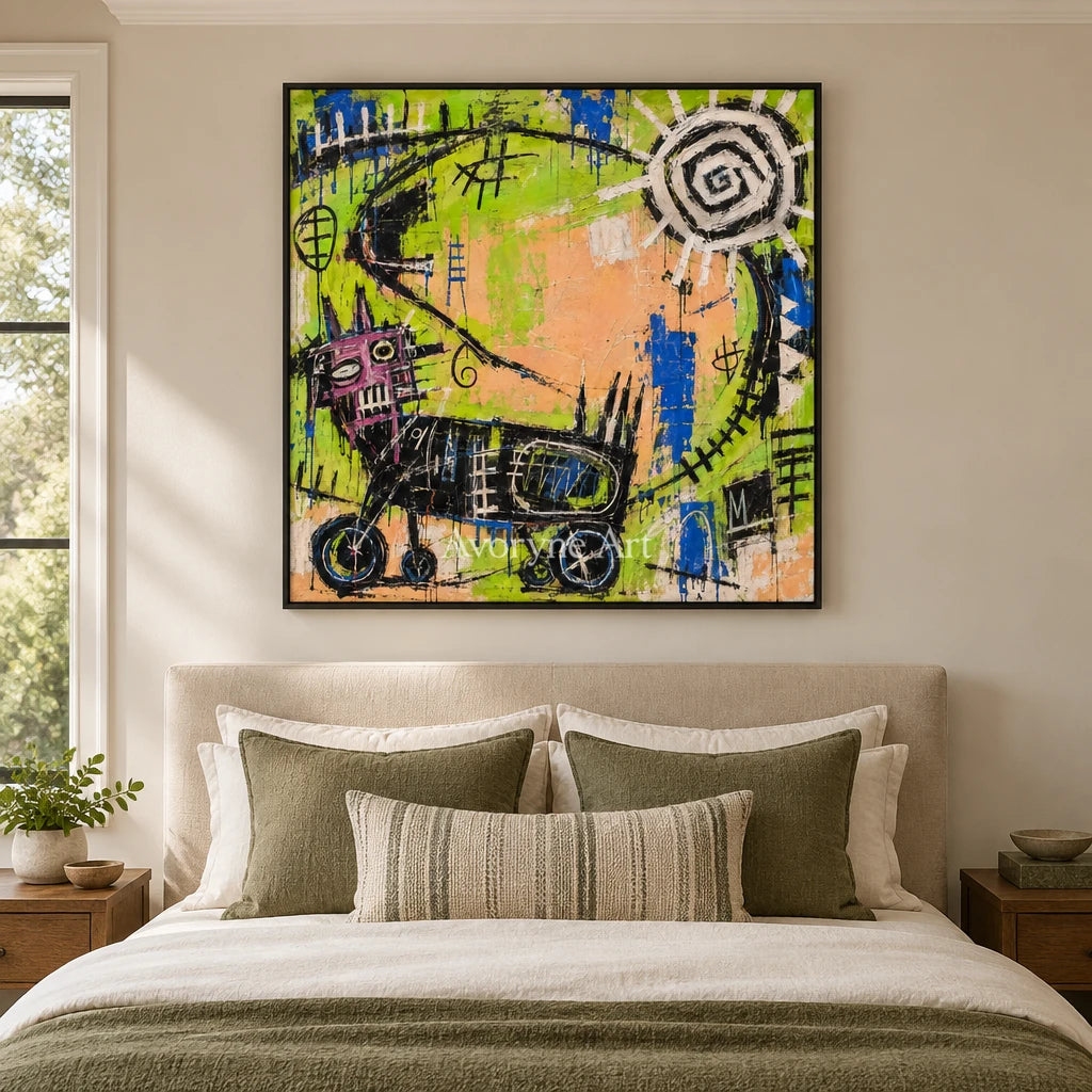 Hidden Dialogue graffiti figure wall art with a black frame above a bed in a bedroom